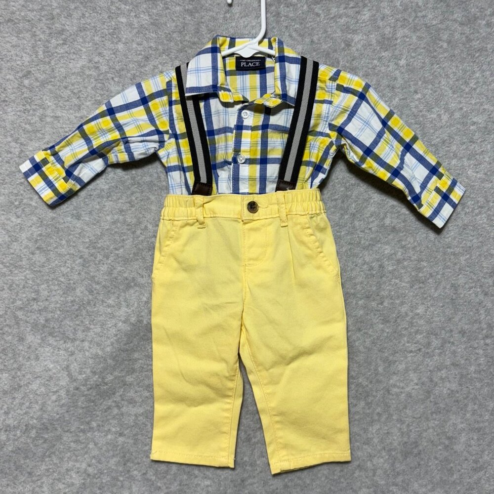The Children's Place Plaid Bodysuit Suspender Yellow Pants 3-6 Months Baby Boy